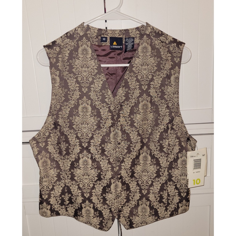 Lizsport Size 10 VINTAGE Floral Damask Vest Brown Beige Formal Event NWT lace up